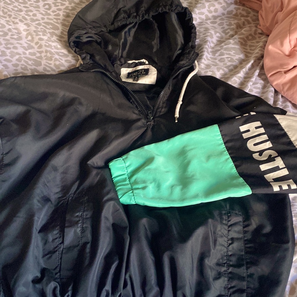 Rue 21 windbreaker jacket, black, white, and teal
